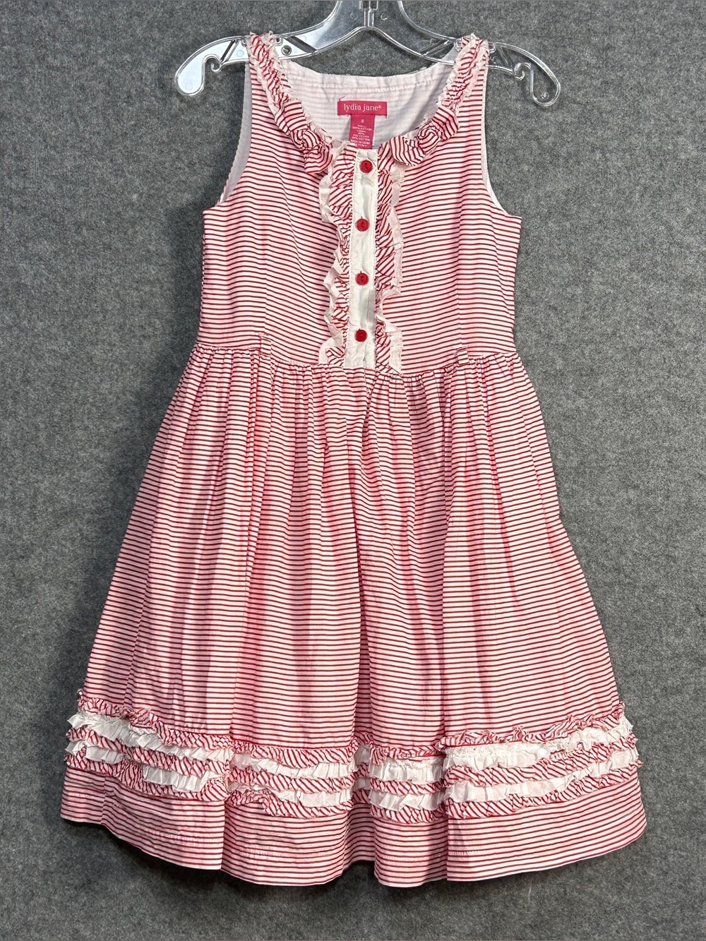 Lydia Jane Girls' 8 Red White Striped Sleeveless Ruffle Dress Flared Lined Skirt